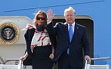 US President Donald Trump waves as he and US First Lady Melania Trump disembark Air Force One at Stansted Airport, north of London, on June 3, 2019, as they begin a three-day state visit to the UK. (Isabel Infantes / AFP)