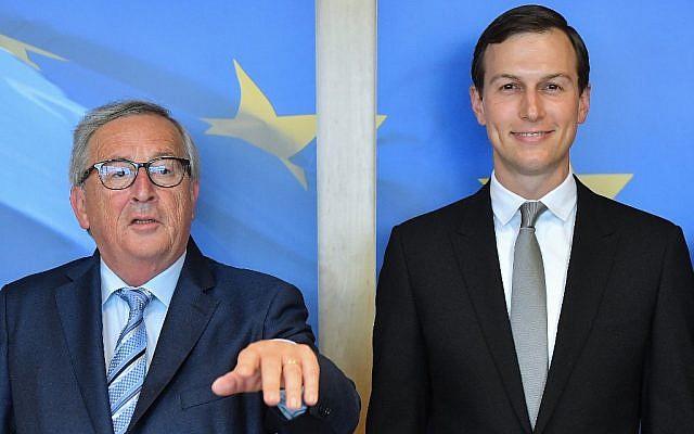 European Commission President Jean-Claude Juncker (L) gestures as he welcomes US President Donald Trump's senior adviser and son-in--law Jared Kushner to the European Commission in Brussels on June 4, 2019. (Emmanuel Dunand/AFP) European Commission President Jean-Claude Juncker (L) gestures as he welcomes US President Donald Trump's senior adviser and son-in--law Jared Kushner to the European Commission in Brussels on June 4, 2019. (Emmanuel Dunand/AFP)