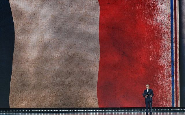 French President Emmanuel Macron speaks at an event to commemorate the 75th anniversary of the D-Day landings, in Portsmouth, southern England, on June 5, 2019. (Mandel Ngan/AFP)