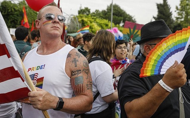 People take part in the 18th annual Jerusalem Gay Pride parade on June 6, 2019. (Menahem Kahana/AFP)