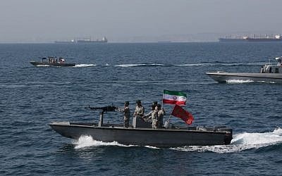 In this file photo taken on April 30, 2019, Iranian soldiers take part in the National Persian Gulf Day in the Strait of Hormuz. (Atta Kenare/AFP)