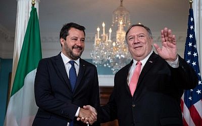US Secretary of State Mike Pompeo (R) greets Italian Interior Minister Matteo Salvini prior to talks at the State Department in Washington, DC, on June 17, 2019. (Photo by NICHOLAS KAMM / AFP)