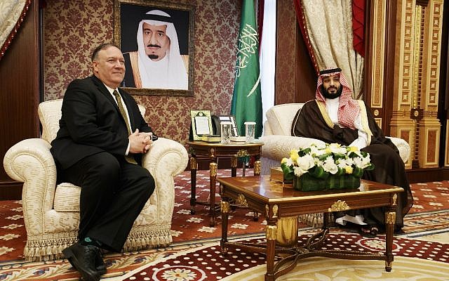 Seated under a portrait of the Saudi monarch, US Secretary of State Mike Pompeo (L) meets Saudi Arabia Crown Prince Mohammed bin Salman at Al Salam Palace in the Red Sea port of Jeddah on June 24, 2019. (Jacquelyn Martin / POOL / AFP) Seated under a portrait of the Saudi monarch, US Secretary of State Mike Pompeo (L) meets Saudi Arabia Crown Prince Mohammed bin Salman at Al Salam Palace in the Red Sea port of Jeddah on June 24, 2019. (Jacquelyn Martin / POOL / AFP)