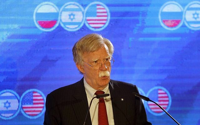 US National Security Adviser John Bolton speaks at a trilateral summit of national security advisers of the US, Israel and Russia, in Jerusalem on June 25, 2019. (Menahem Kahana/AFP) US National Security Adviser John Bolton speaks at a trilateral summit of national security advisers of the US, Israel and Russia, in Jerusalem on June 25, 2019. (Menahem Kahana/AFP)