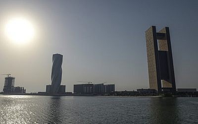 This picture from June 25, 2019, shows a general view of the Four Seasons Hotel (R) in the Bahraini capital Manama, where the "Peace to Prosperity" Workshop is taking place. (Stringer/AFP)