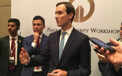 Jared Kushner, US President Donald Trump's son-in-law and adviser, speaks to reporters as he closes the US-sponsored Middle East economic conference "Peace to Prosperity Workshop" in the Bahraini capital Manama on June 26, 2019. (SHAUN TANDON / AFP)