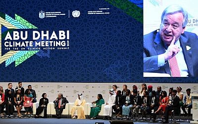 UN Secretary General Antonio Guterres (C-L), at a panel during the opening of the Abu Dhabi climate meeting summit on June 30, 2019, in Abu Dhabi. (KARIM SAHIB / AFP)