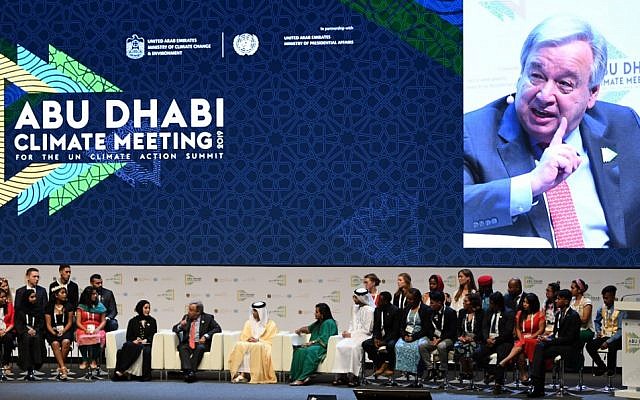 UN Secretary General Antonio Guterres (C-L), at a panel during the opening of the Abu Dhabi climate meeting summit on June 30, 2019, in Abu Dhabi. (KARIM SAHIB / AFP) UN Secretary General Antonio Guterres (C-L), at a panel during the opening of the Abu Dhabi climate meeting summit on June 30, 2019, in Abu Dhabi. (KARIM SAHIB / AFP)