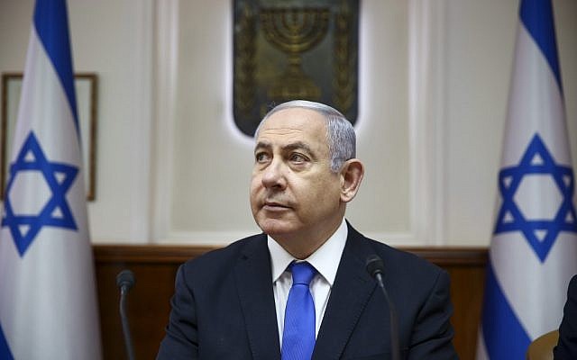 Prime Minister Benjamin Netanyahu chairs the weekly cabinet meeting at his office in Jerusalem, on June 30, 2019. (Oded Balilty / POOL / AFP)