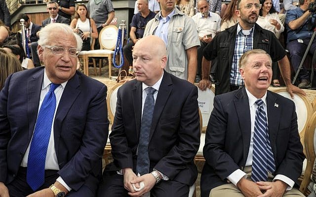 (L to R) US Ambassador to David Friedman, White House Middle East envoy Jason Greenblatt, and US Senator Lindsey Graham (R-SC) attend the opening of an ancient road at the City of David archaeological and tourist site in the Palestinian neighborhood of Silwan in East Jerusalem on June 30, 2019. (Tsafrir Abayov/AFP) (L to R) US Ambassador to David Friedman, White House Middle East envoy Jason Greenblatt, and US Senator Lindsey Graham (R-SC) attend the opening of an ancient road at the City of David archaeological and tourist site in the Palestinian neighborhood of Silwan in East Jerusalem on June 30, 2019. (Tsafrir Abayov/AFP)