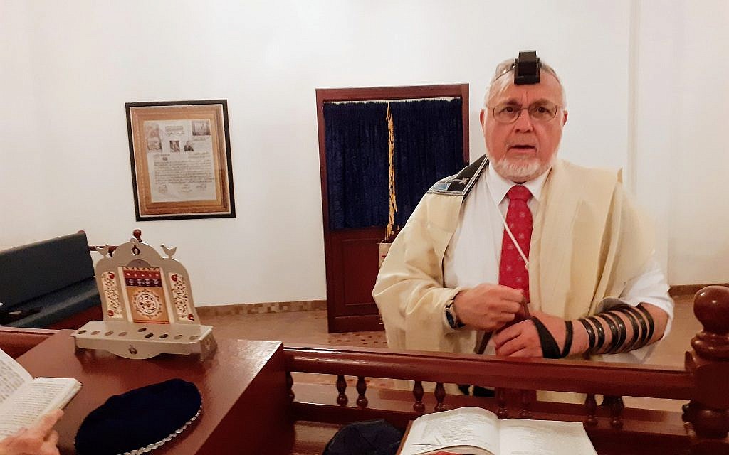 Rabbi Abraham Cooper attends the morning prayers at the Bahrain synagogue, June 25, 2019. (Raphael Ahren/TOI)
