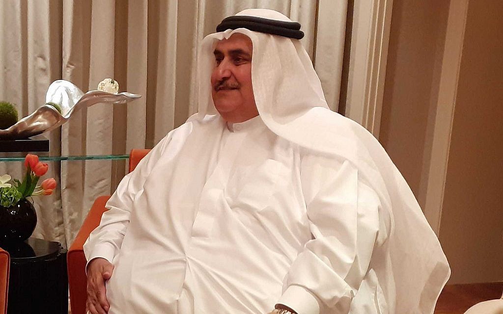 Bahraini Foreign Minister Khalid bin Ahmed Al Khalifa speaks with the Times of Israel on the sidelines of the Peace to Prosperity workshop in Manama, Bahrain, on June 26, 2019. (Courtesy) Bahraini Foreign Minister Khalid bin Ahmed Al Khalifa speaks with the Times of Israel on the sidelines of the Peace to Prosperity workshop in Manama, Bahrain, on June 26, 2019. (Courtesy)