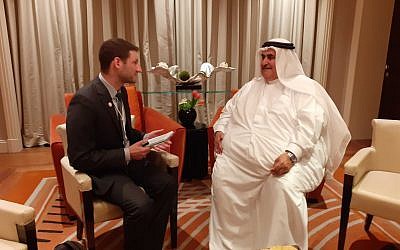 Bahraini Foreign Minister Khalid bin Ahmed Al Khalifa speaks with the Times of Israel on the sidelines of the Peace to Prosperity workshop in Manama, Bahrain, on June 26, 2019. (Courtesy)