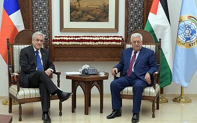 Palestinian Authority President Mahmoud Abbas and Chilean President Sebastian Pinera meeting in Ramallah on June 27, 2019. (Credit: Wafa)