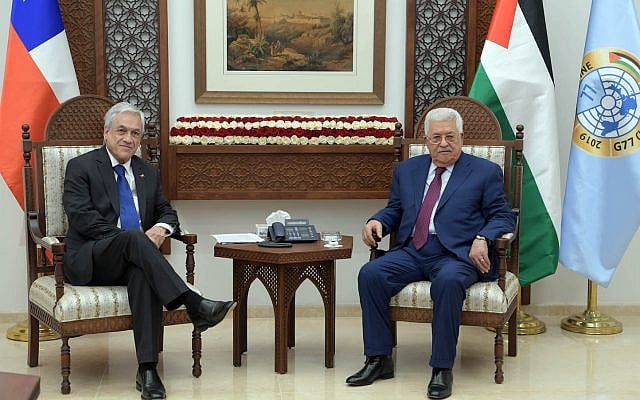 Palestinian Authority President Mahmoud Abbas and Chilean President Sebastian Pinera meeting in Ramallah on June 27, 2019. (Credit: Wafa) Palestinian Authority President Mahmoud Abbas and Chilean President Sebastian Pinera meeting in Ramallah on June 27, 2019. (Credit: Wafa)