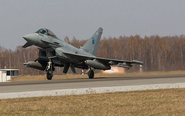 Illustrative: Royal Air Force Quick Reaction Alert Typhoon fighter aircraft that were scrambled to intercept a civilian aircraft over England June 29, 2019. (Courtesy - Royal Air Force) Illustrative: Royal Air Force Quick Reaction Alert Typhoon fighter aircraft that were scrambled to intercept a civilian aircraft over England June 29, 2019. (Courtesy - Royal Air Force)