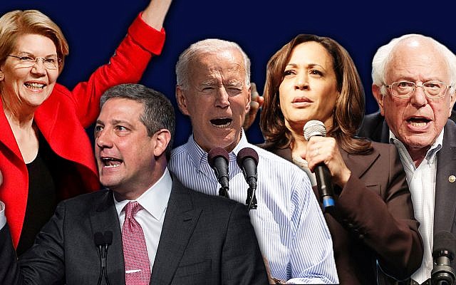 From left to right, Democratic presidential contenders Elizabeth Warren, Tim Ryan, Joe Biden, Kamala Harris and Bernie Sanders. All five, along with several others, delivered video messages at the American Jewish Committee’s 2019 Global Forum. (Getty Images/JTA Montage/via JTA) From left to right, Democratic presidential contenders Elizabeth Warren, Tim Ryan, Joe Biden, Kamala Harris and Bernie Sanders. All five, along with several others, delivered video messages at the American Jewish Committee’s 2019 Global Forum. (Getty Images/JTA Montage/via JTA)