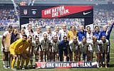 The full roster for the United States Women’s National Team that is heading to France for the 2019 World Cup, shown just after a friendly match against Mexico at Red Bull Arena in Harrison, New Jersey, May 26, 2019. (Ira L. Black/Corbis via Getty Images, JTA)