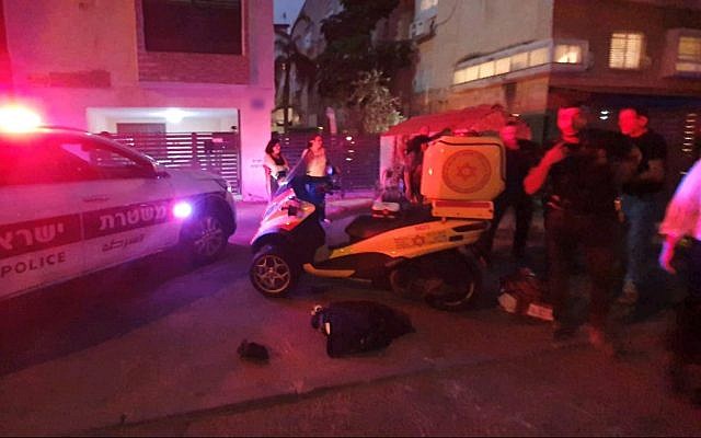 First responders at the site of a fatal shooting in Kiryat Chaim just north of Haifa on June 30, 2019. (Magen David Adom) First responders at the site of a fatal shooting in Kiryat Chaim just north of Haifa on June 30, 2019. (Magen David Adom)