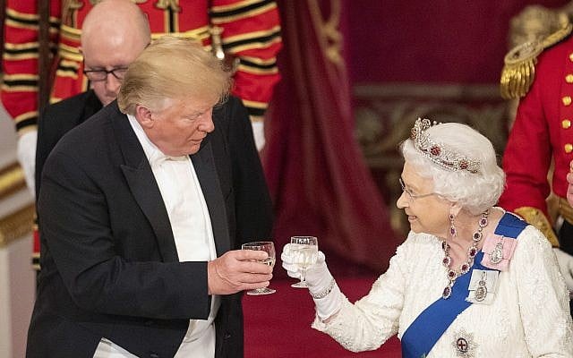 US President Donald Trump, left and Queen Elizabeth II toast, during the State Banquet at Buckingham Palace, in London, June 3, 2019. (Dominic Lipinski/Pool Photo via AP) US President Donald Trump, left and Queen Elizabeth II toast, during the State Banquet at Buckingham Palace, in London, June 3, 2019. (Dominic Lipinski/Pool Photo via AP)