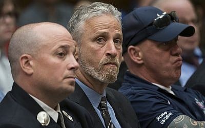 Entertainer and activist Jon Stewart lends his support to firefighters, first responders and survivors of the September 11 terror attacks at a hearing by the House Judiciary Committee as it considers permanent authorization of the Victim Compensation Fund, on Capitol Hill in Washington, Tuesday, June 11, 2019. (AP Photo/J. Scott Applewhite)