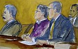 In this courtroom drawing, defendant Keith Raniere, center, sits at the defense table with his attorneys Paul DerOhannesian, left and Marc Agnifilo, as the jury foreperson reads the guilty verdict in his sex trafficking trial in New York, Wednesday, June 19, 2019. The former leader of a cult-like self-help group was convicted Wednesday of manipulating his female followers through shame and humiliation and turning them into what prosecutors call his sex slaves. The man at rear is a Deputy US Marshal. (Elizabeth Williams via AP)