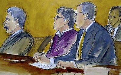 In this courtroom drawing, defendant Keith Raniere, center, sits at the defense table with his attorneys Paul DerOhannesian, left and Marc Agnifilo, as the jury foreperson reads the guilty verdict in his sex trafficking trial in New York, Wednesday, June 19, 2019. The former leader of a cult-like self-help group was convicted Wednesday of manipulating his female followers through shame and humiliation and turning them into what prosecutors call his sex slaves. The man at rear is a Deputy US Marshal. (Elizabeth Williams via AP)