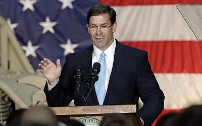 In this April 15, 2019 photo, Secretary of the Army Mark Esper speaks to soldiers and family members in Ft. Bragg, North Carolina. (AP Photo/Chuck Burton)