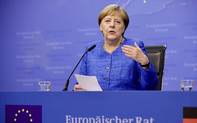 German Chancellor Angela Merkel speaks during a media conference at the end of an EU summit in Brussels on June 21, 2019 (AP/Olivier Matthys) German Chancellor Angela Merkel speaks during a media conference at the end of an EU summit in Brussels on June 21, 2019 (AP/Olivier Matthys)