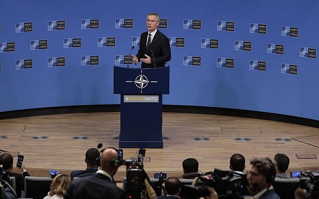 NATO Secretary General Jens Stoltenberg speaks during a media conference at NATO headquarters in Brussels, June 25, 2019. (AP Photo/Virginia Mayo) NATO Secretary General Jens Stoltenberg speaks during a media conference at NATO headquarters in Brussels, June 25, 2019. (AP Photo/Virginia Mayo)