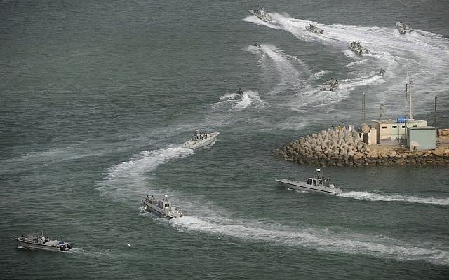 Illustrative: Iranian navy speedboats attend a drill in the sea of Oman, on December 30, 2011.(AP/IIPA, Ali Mohammadi) Illustrative: Iranian navy speedboats attend a drill in the sea of Oman, on December 30, 2011.(AP/IIPA, Ali Mohammadi)