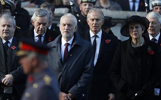 Britain's Prime Minister Theresa May, right, Former Prime Minister Tony Blair, center right, Labour Party leader Jeremy Corbyn, center, and former prime minister Gordon Brown, rear left, attend the Remembrance Sunday ceremony at the Cenotaph in London, Sunday, Nov. 11, 2018. . (AP Photo/Alastair Grant) Britain's Prime Minister Theresa May, right, Former Prime Minister Tony Blair, center right, Labour Party leader Jeremy Corbyn, center, and former prime minister Gordon Brown, rear left, attend the Remembrance Sunday ceremony at the Cenotaph in London, Sunday, Nov. 11, 2018. . (AP Photo/Alastair Grant)