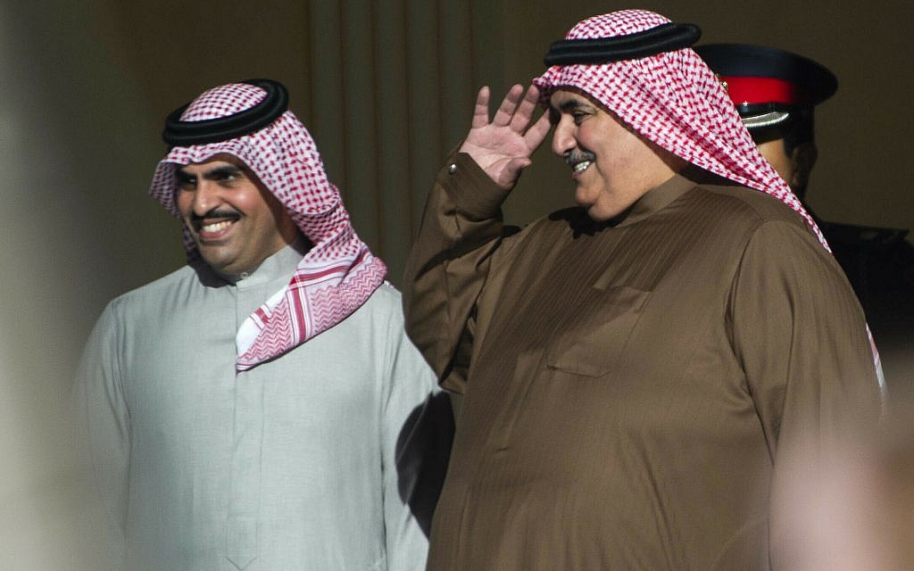 Bahraini Foreign Minister Khalid bin Ahmed al-Khalifa, right, gestures as Secretary of State Mike Pompeo leaves at the Al-Qudaibiya Palace in Manama, January 11, 2019. (Andrew Caballero-Reynolds/Pool/ AP) Bahraini Foreign Minister Khalid bin Ahmed al-Khalifa, right, gestures as Secretary of State Mike Pompeo leaves at the Al-Qudaibiya Palace in Manama, January 11, 2019. (Andrew Caballero-Reynolds/Pool/ AP)