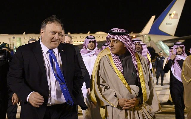 US Secretary of State Mike Pompeo, left, is greeted by Saudi's Minister of State for Foreign Affairs Adel al-Jubeir, center, in Riyadh on Sunday, January 13, 2019, during his Middle East tour. (Andrew Caballero-Reynolds/Pool Photo via AP) US Secretary of State Mike Pompeo, left, is greeted by Saudi's Minister of State for Foreign Affairs Adel al-Jubeir, center, in Riyadh on Sunday, January 13, 2019, during his Middle East tour. (Andrew Caballero-Reynolds/Pool Photo via AP)