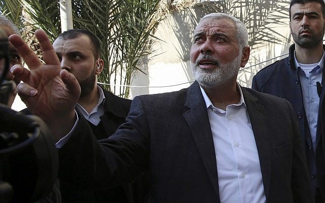 Hamas leader Ismail Haniyeh tours the site of a destroyed building in Gaza City, March 27, 2019. (AP Photo/Adel Hana) Hamas leader Ismail Haniyeh tours the site of a destroyed building in Gaza City, March 27, 2019. (AP Photo/Adel Hana)