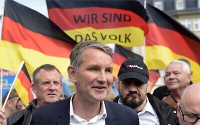 Thuringia's AfD faction leader Bjoern Hoecke attends a rally in Erfurt, Germany, May 1, 2019.  (AP Photo/Jens Meyer)