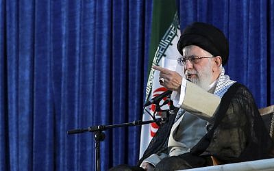 Iranian supreme leader, Ayatollah Ali Khamenei speaks in a ceremony marking the 30th death anniversary of the late revolutionary founder Ayatollah Ruhollah Khomeini, at his mausoleum just outside Tehran, Iran, June 4, 2019. (Office of the Iranian Supreme Leader via AP)