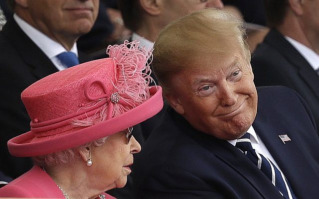 Queen Elizabeth II speaks with President Donald Trump during an event to mark the 75th anniversary of D-Day in Portsmouth, England, June 5, 2019  (AP Photo/Matt Dunham)