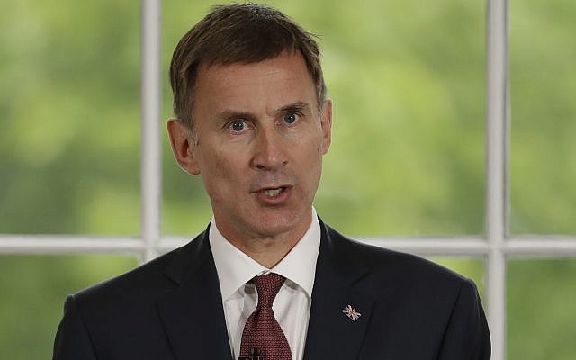 Britain's Foreign Secretary Jeremy Hunt launches his leadership campaign for the Conservative Party in London, Monday June 10, 2019. British Prime Minister Theresa May stepped down Friday as Conservative Party leader after failing to secure Parliament's backing for her European Union withdrawal deal. (AP Photo/Matt Dunham) Britain's Foreign Secretary Jeremy Hunt launches his leadership campaign for the Conservative Party in London, Monday June 10, 2019. British Prime Minister Theresa May stepped down Friday as Conservative Party leader after failing to secure Parliament's backing for her European Union withdrawal deal. (AP Photo/Matt Dunham)