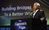 New England Patriots owner Robert Kraft, speaks after receiving Genesis Prize in Jerusalem, June 20, 2019. (AP/Sebastian Scheiner)
