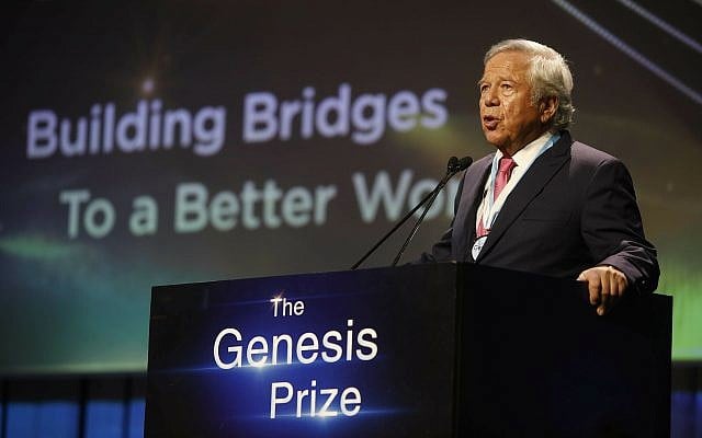 New England Patriots owner Robert Kraft, speaks after receiving Genesis Prize in Jerusalem, June 20, 2019. (AP/Sebastian Scheiner) New England Patriots owner Robert Kraft, speaks after receiving Genesis Prize in Jerusalem, June 20, 2019. (AP/Sebastian Scheiner)