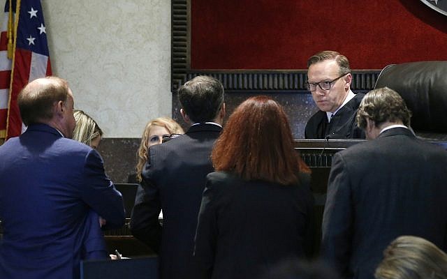Judge Thad Balkman speaks with attorneys Monday, June 24, 2019 in Norman, Okla. (AP/Sue Ogrocki, Pool) Judge Thad Balkman speaks with attorneys Monday, June 24, 2019 in Norman, Okla. (AP/Sue Ogrocki, Pool)