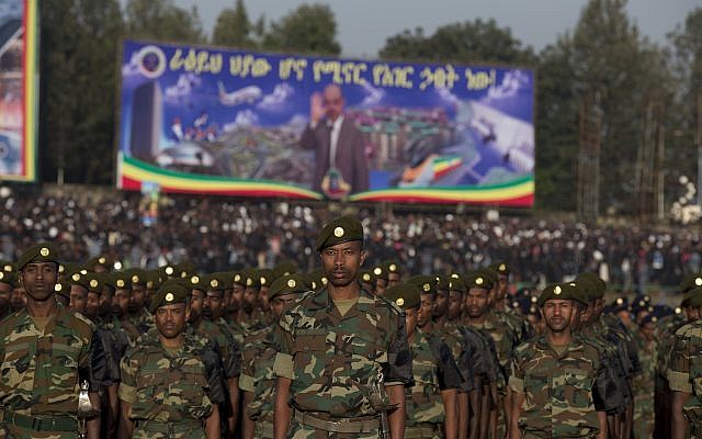 Illustrative: Soldiers stand at attention in Meskel Square at the start of a public funeral ceremony for late Prime Minister Meles Zenawi, in Addis Ababa, Ethiopia Sunday, Sept. 2, 2012. (AP/Rebecca Blackwell) Illustrative: Soldiers stand at attention in Meskel Square at the start of a public funeral ceremony for late Prime Minister Meles Zenawi, in Addis Ababa, Ethiopia Sunday, Sept. 2, 2012. (AP/Rebecca Blackwell)