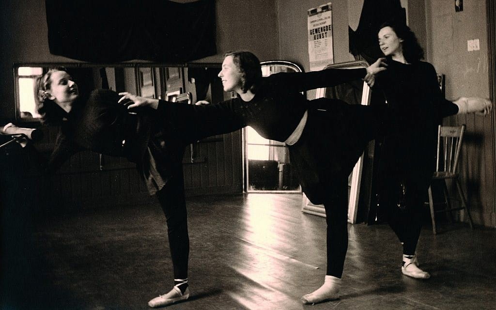 Inside the school of dance, Audrey Hepburn and Elisabeth Evers (center) practice for teacher Winja Marova (right) in December 1943. (Dotti Collection)