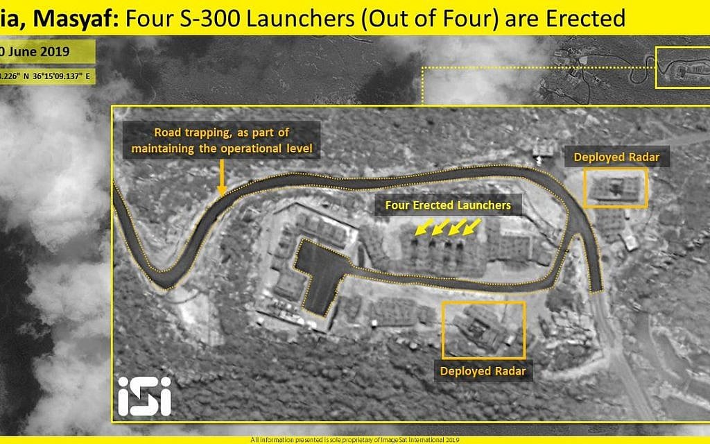 Satellite photos released by ImageSat International appear to show all four missile launchers of the S-300 air defense system in the raised position in the northwestern Syrian city of Masyaf on June 30, 2019. (ImageSat International) Satellite photos released by ImageSat International appear to show all four missile launchers of the S-300 air defense system in the raised position in the northwestern Syrian city of Masyaf on June 30, 2019. (ImageSat International)