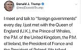 US President Donald Trump's tweet in which he misspelled the title of Charles, Prince of Wales, the eldest son of Queen Elizabeth II and heir apparent to the British throne. (Screenshot, Twitter)
