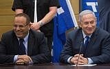 Prime Minister Benjamin Netanyahu (R) with former communications minister Ayoub Kara at a Likud faction meeting at the Knesset, on May 7, 2018. (Miriam Alster/Flash90)