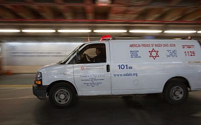 Illustrative. A Magen David Adom (MDA) ambulance at the Shaare Zedek Medical Center, in Jerusalem, December 13, 2018. (Noam Revkin Fenton/Flash90)