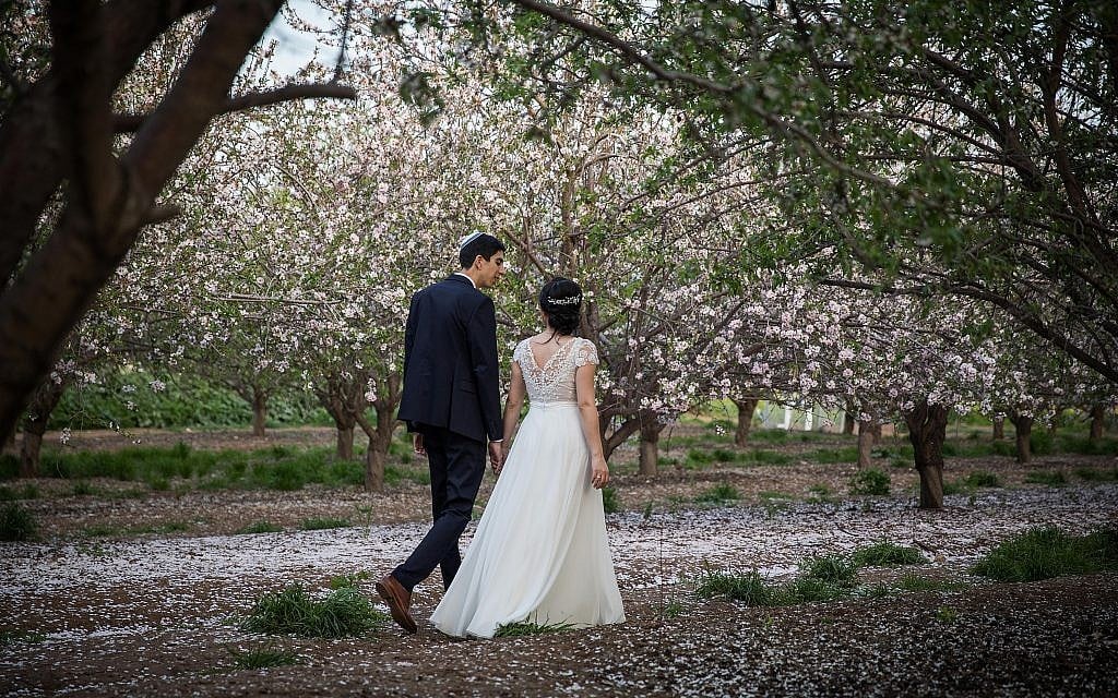 Illustrative: An Israeli couple photographed for their wedding at a blossoming almond tree field in Latrun on February 25, 2019. (Hadas Parush/Flash90) Illustrative: An Israeli couple photographed for their wedding at a blossoming almond tree field in Latrun on February 25, 2019. (Hadas Parush/Flash90)
