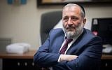 Illustrative: Interior Minister Aryeh Deri leads a Shas faction meeting at the Knesset on May 27, 2019. (Yonatan Sindel/Flash90)